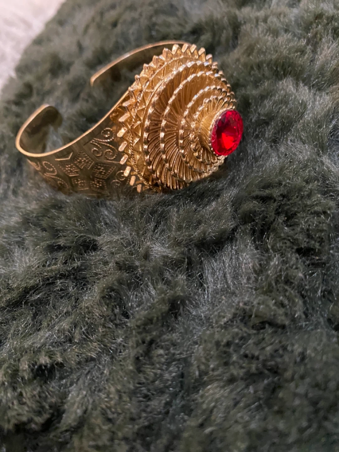 Gold Tone Cuff Bracelet with Red Jewel Accent