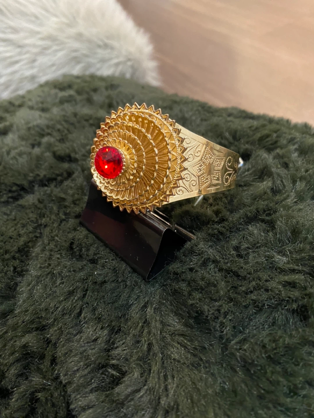 Gold Tone Cuff Bracelet with Red Jewel Accent - photo 3