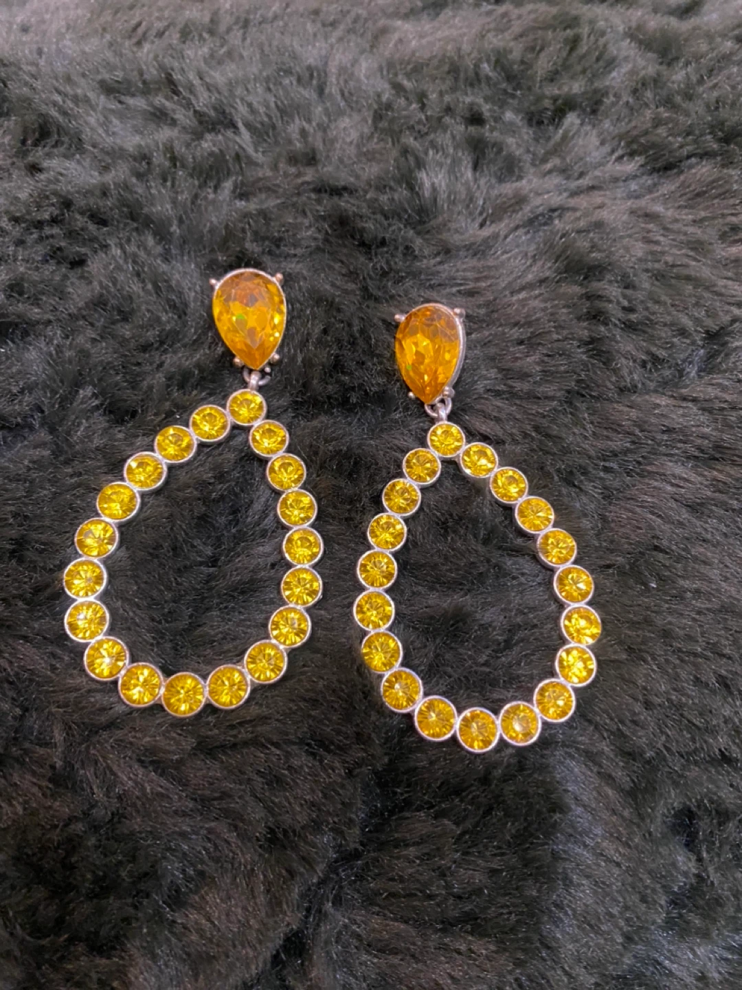 Yellow Teardrop Dangle Earrings with Rhinestones