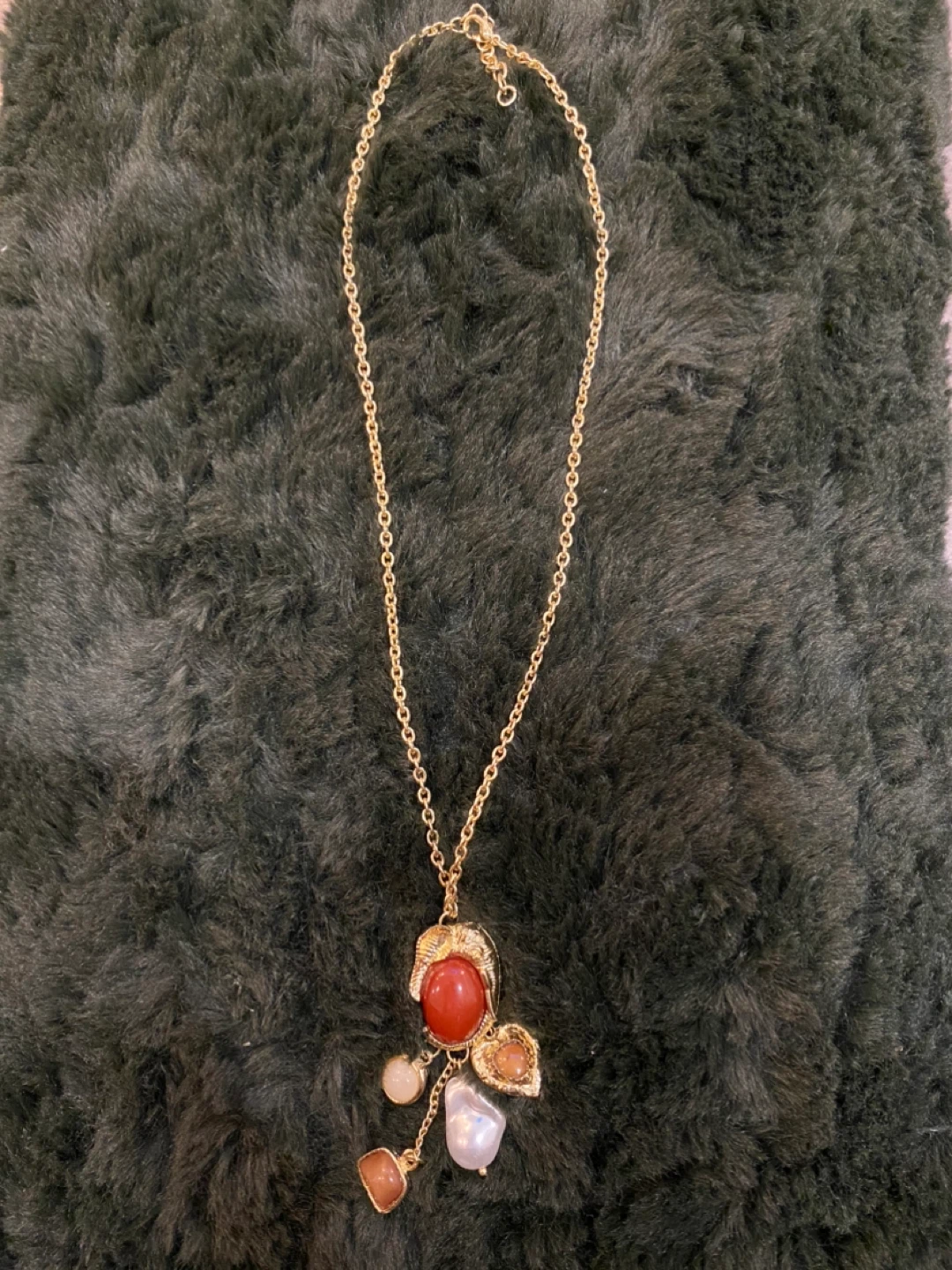 Gold Tone Necklace with Coral, Pearl and Gemstone Charms