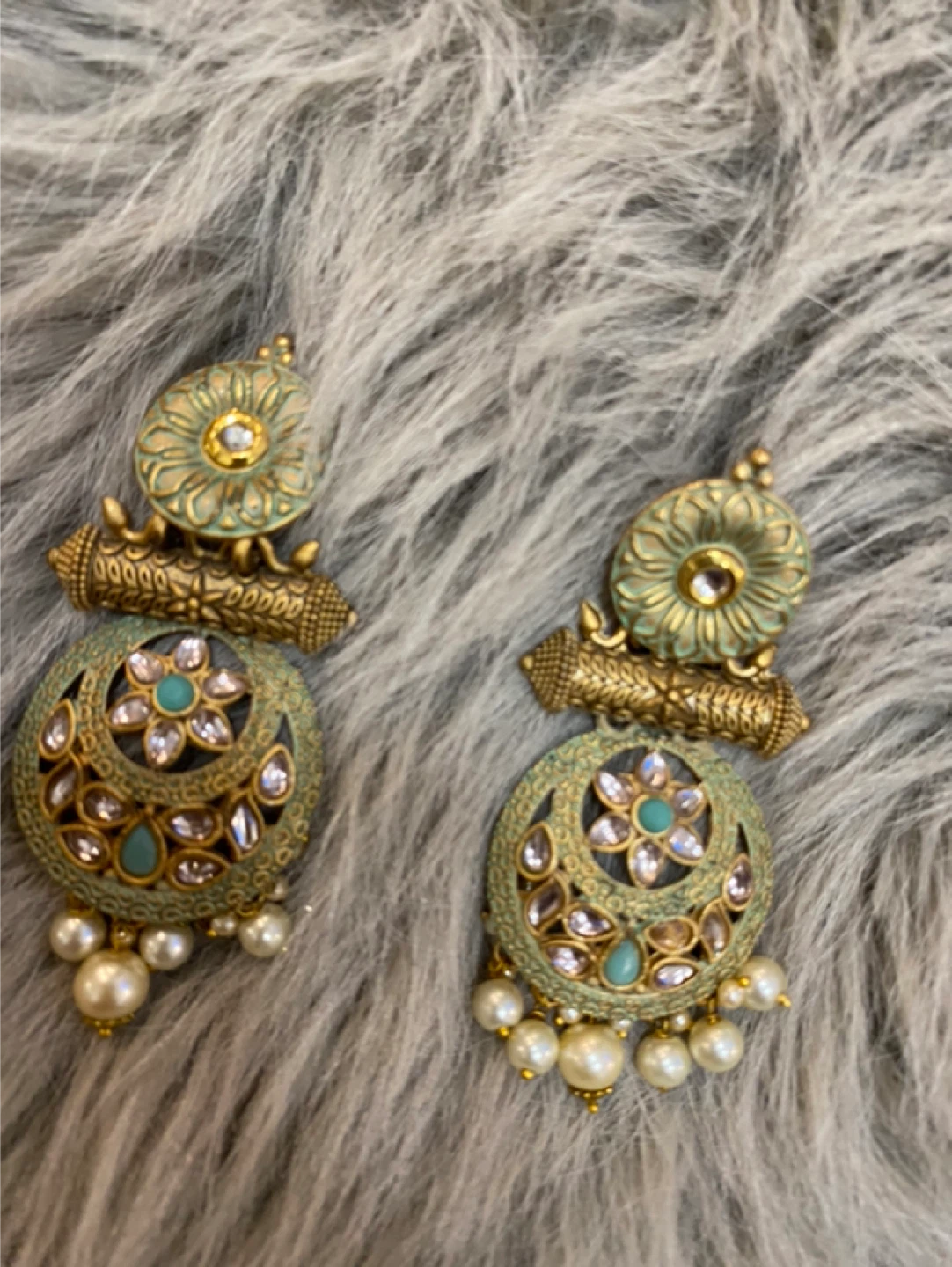 Gold and Green Dangle Earrings with Pearls