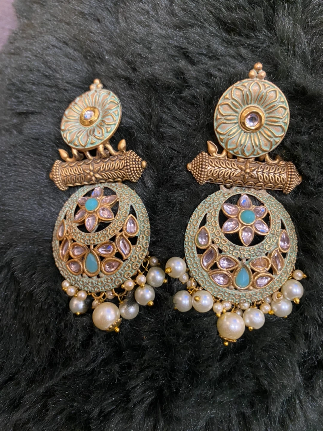 Gold and Green Dangle Earrings with Pearls - photo 2
