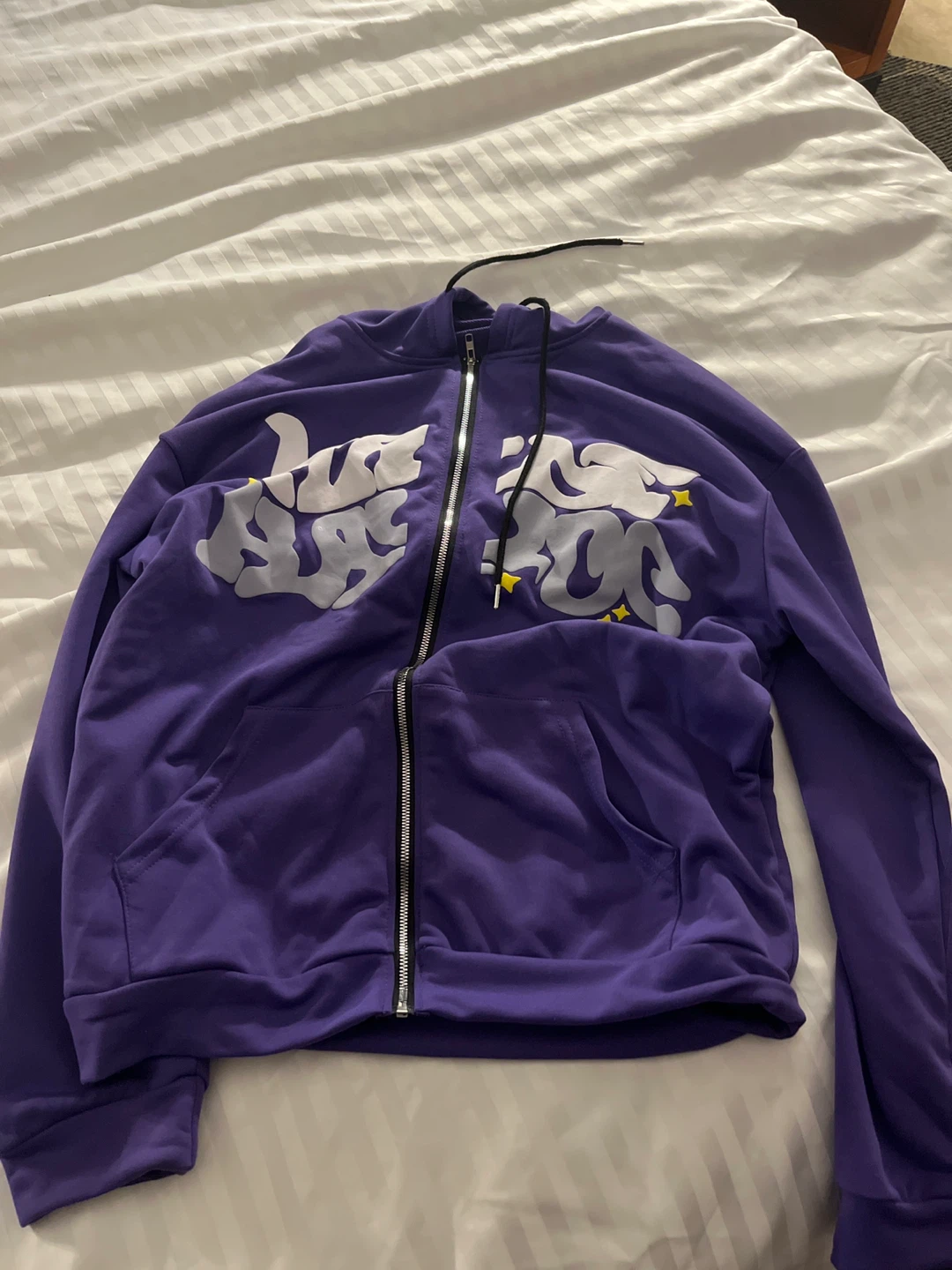 Purple Zip-Up Hoodie with Graphic Design