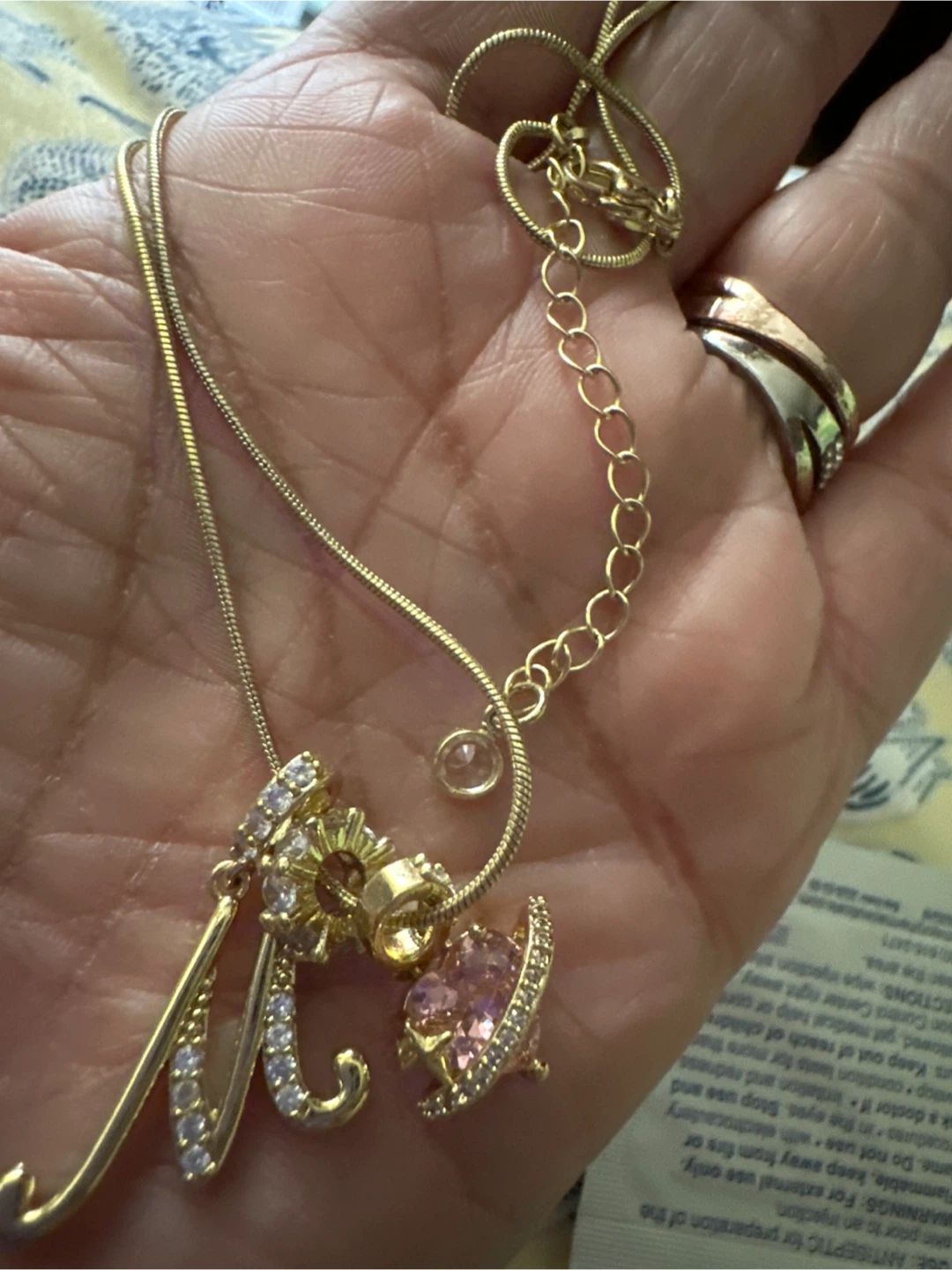 Gold Tone 'M' Pendant Necklace with Pink Charm - photo 2