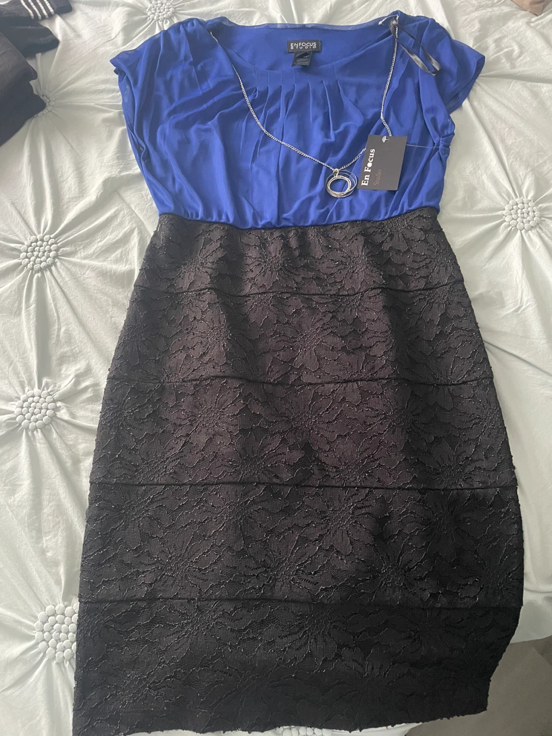 En Focus Studio Blue and Black Lace Dress with Necklace