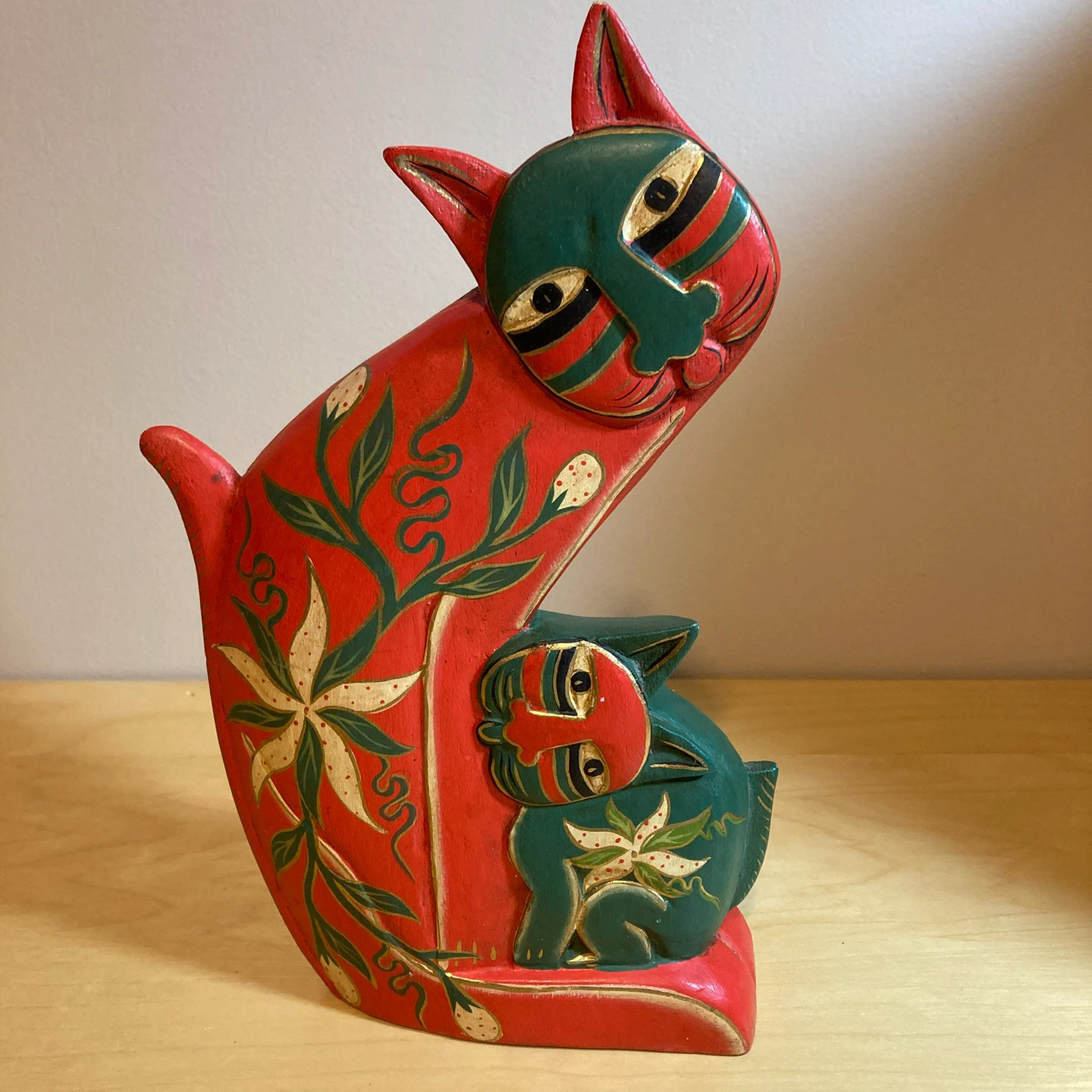 Laurel Burch inspired Wooden Cat Figurine