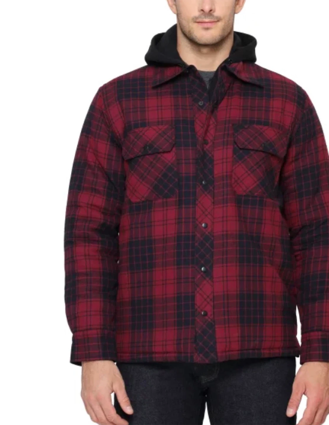 Men's Plaid Quilted Flannel Shirt Jacket with Hood