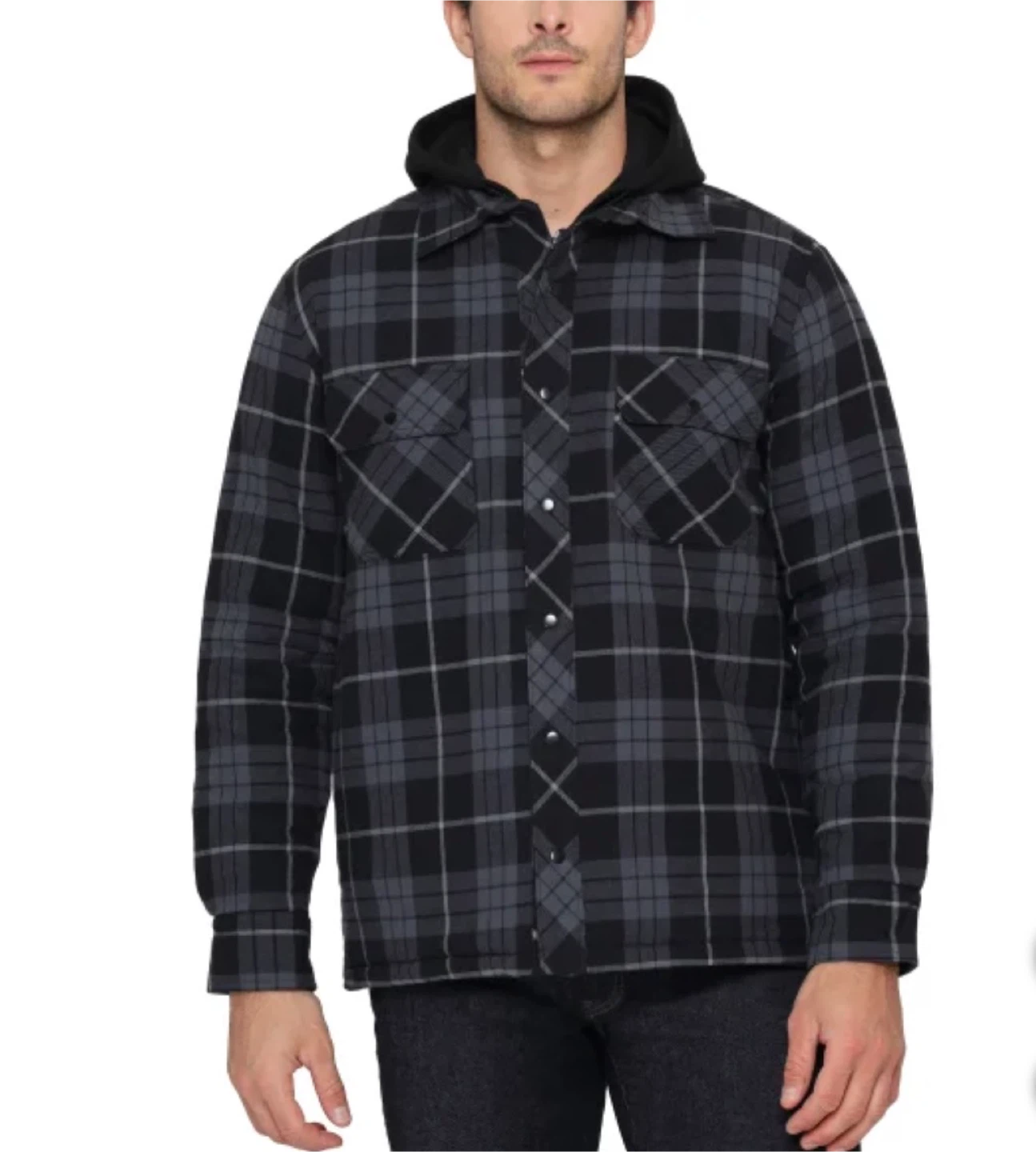Men's Plaid Quilted Flannel Shirt Jacket with Hood - photo 4