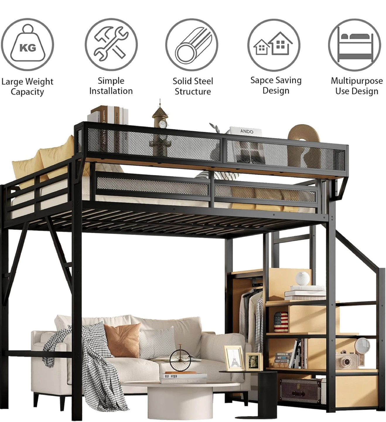 Black Metal Loft Bed Frame - Space Saving & Sturdy - photo 5