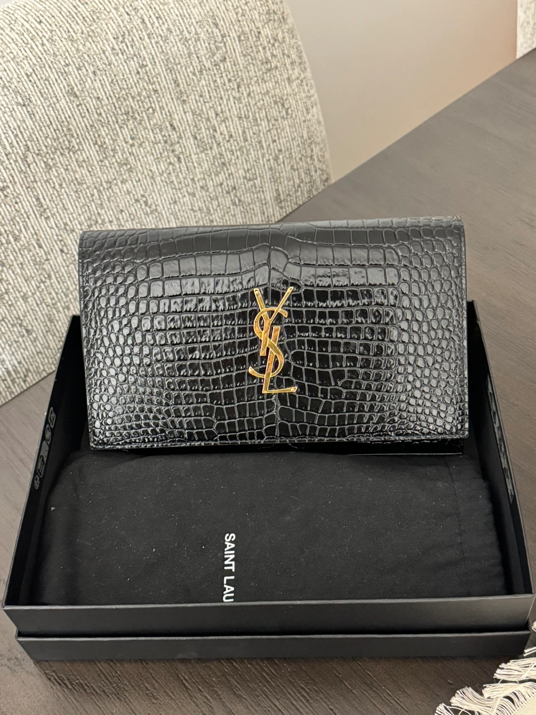 Saint Laurent Black Crocodile Embossed Wallet with Gold Chain