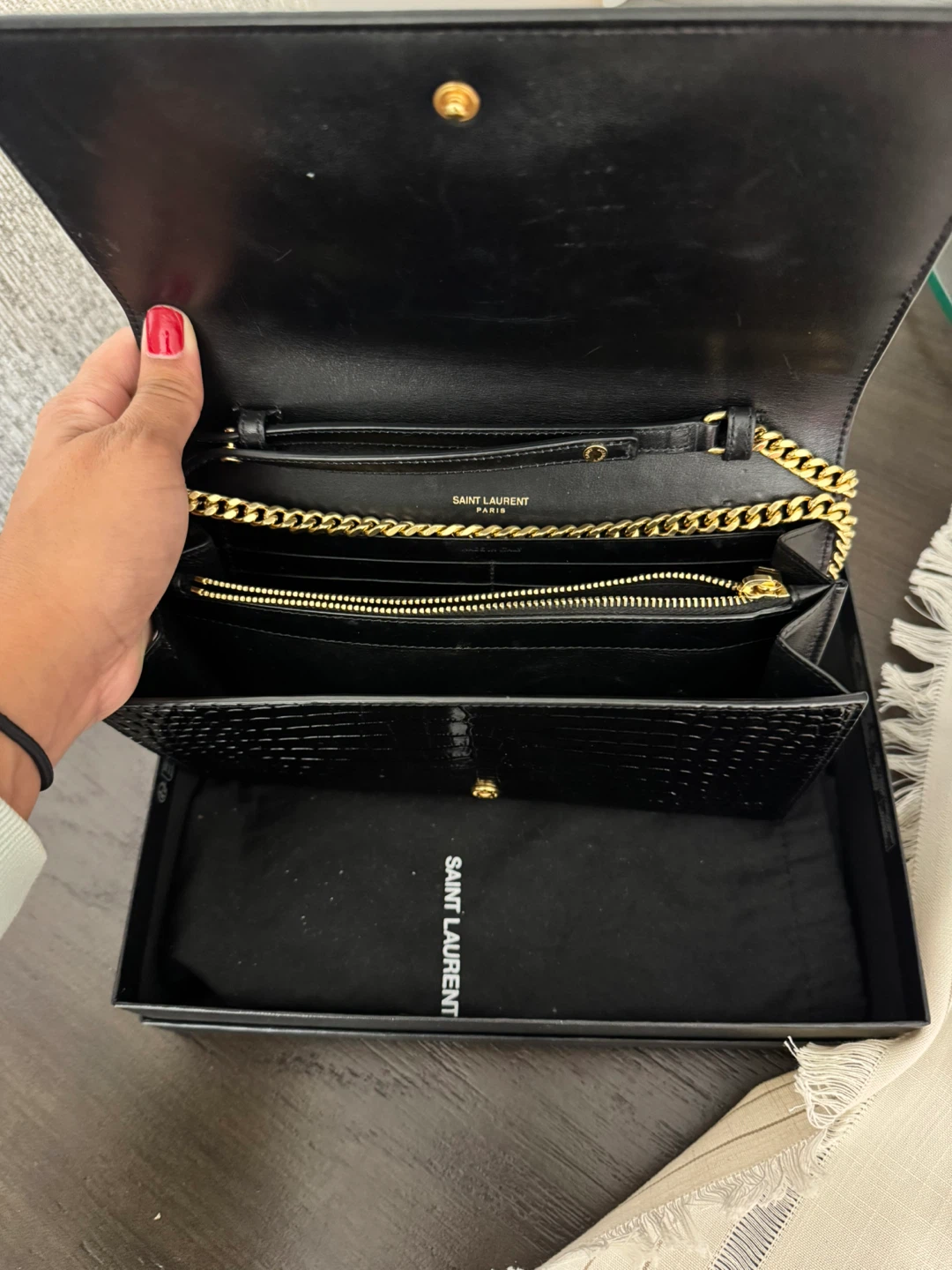 Saint Laurent Black Crocodile Embossed Wallet with Gold Chain - photo 2