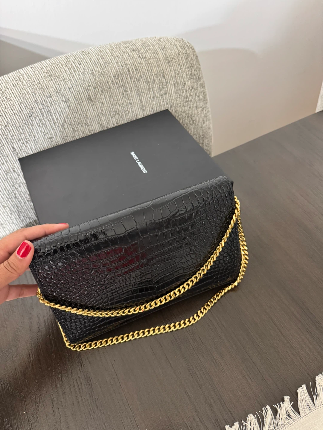 Saint Laurent Black Crocodile Embossed Wallet with Gold Chain - photo 5