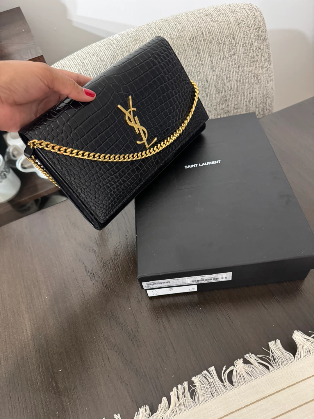 Saint Laurent Black Crocodile Embossed Wallet with Gold Chain - photo 3