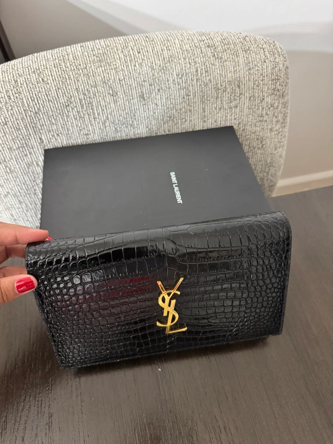 Saint Laurent Black Crocodile Embossed Wallet with Gold Chain - photo 4