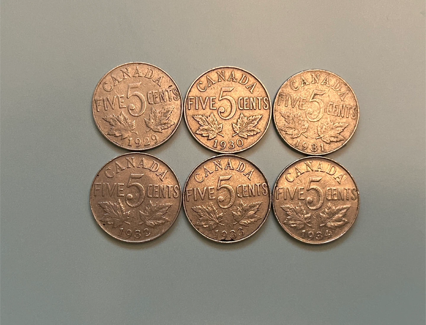Collection of 6 Canadian 5 Cent Coins (Nickels) 1929-1934