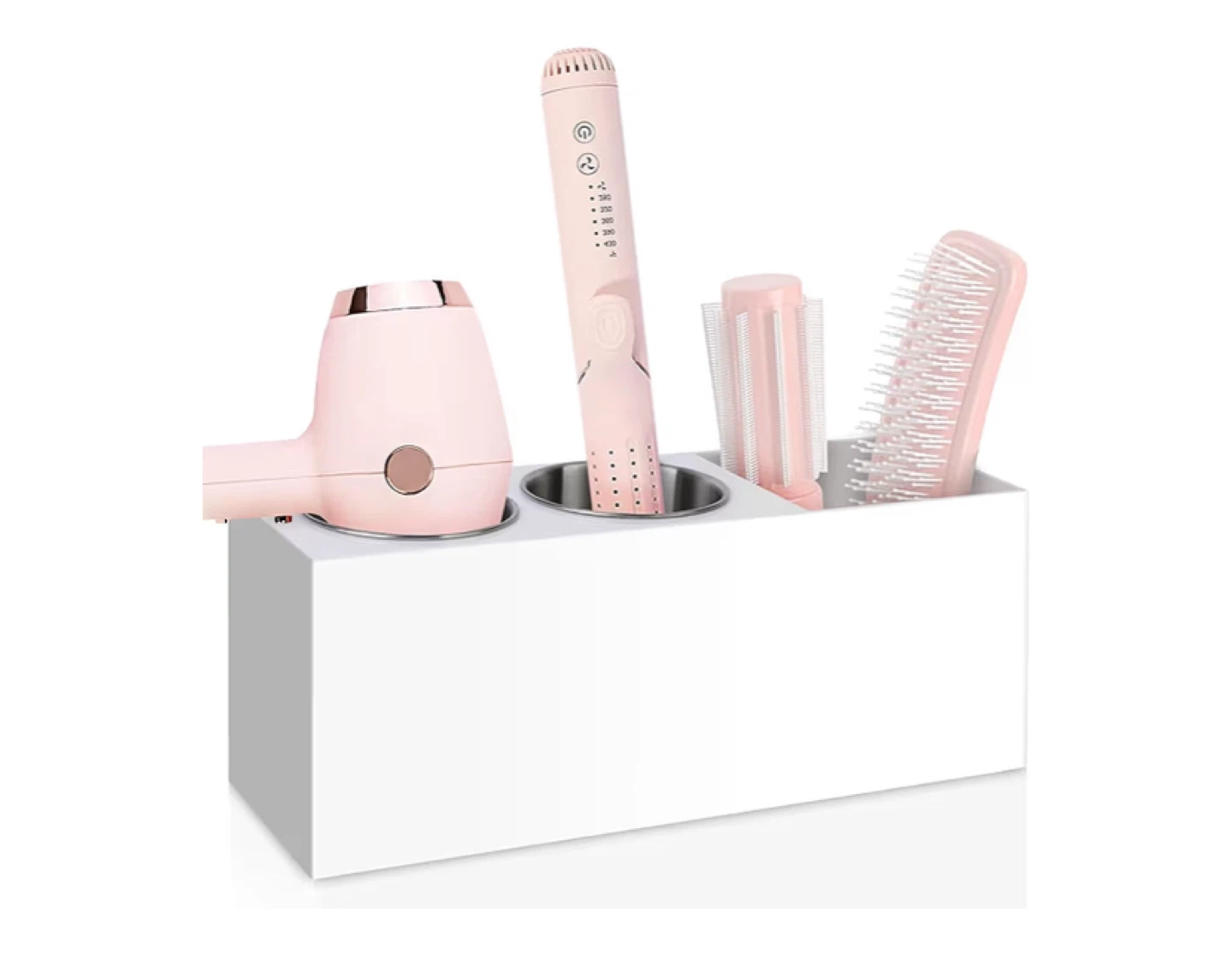 Pink Hair Styling Tool Holder Set with Dryer, Wand and Brushes