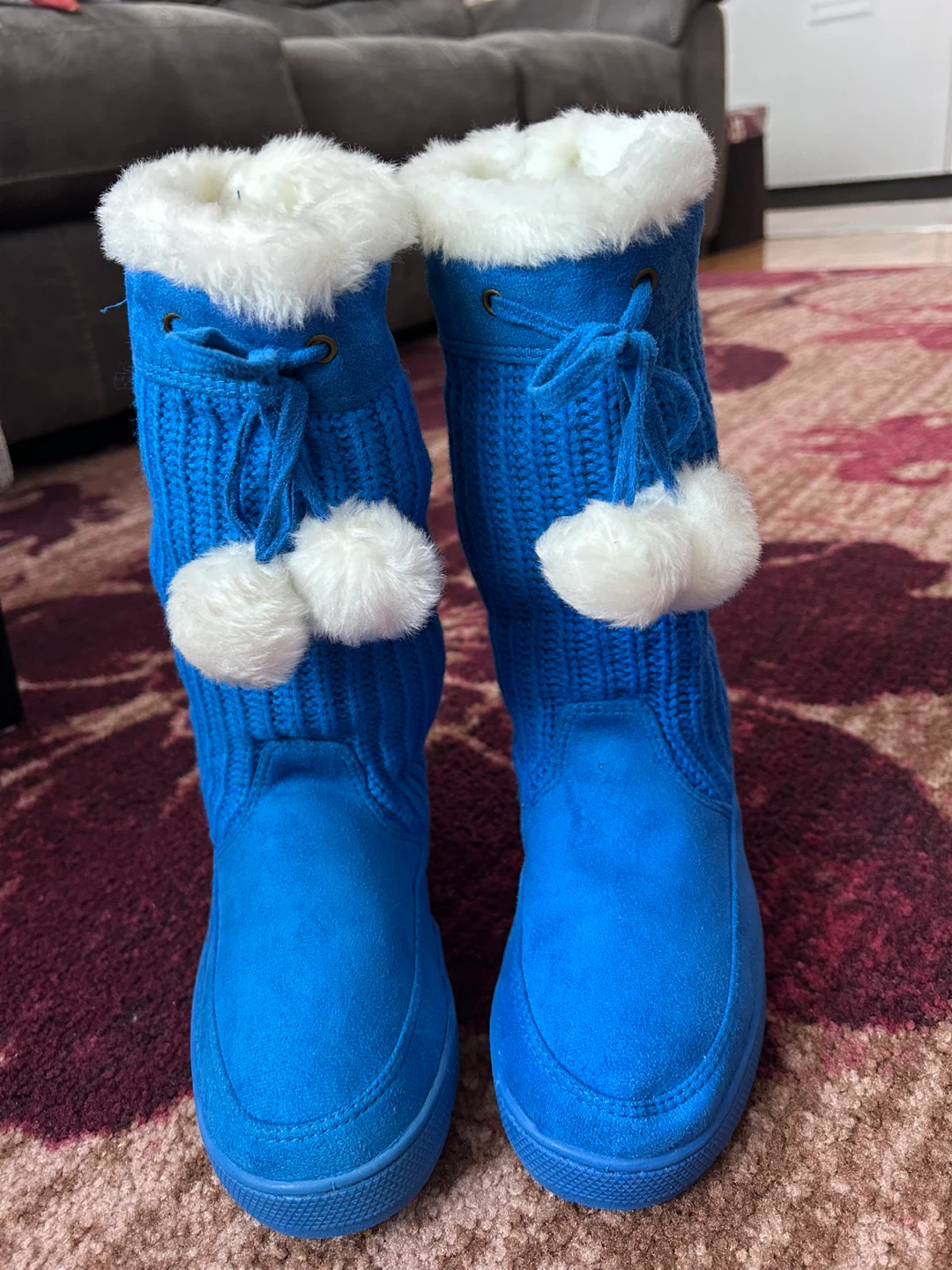 Brand new Blue Knit & Suede Winter Boots with Pom Poms