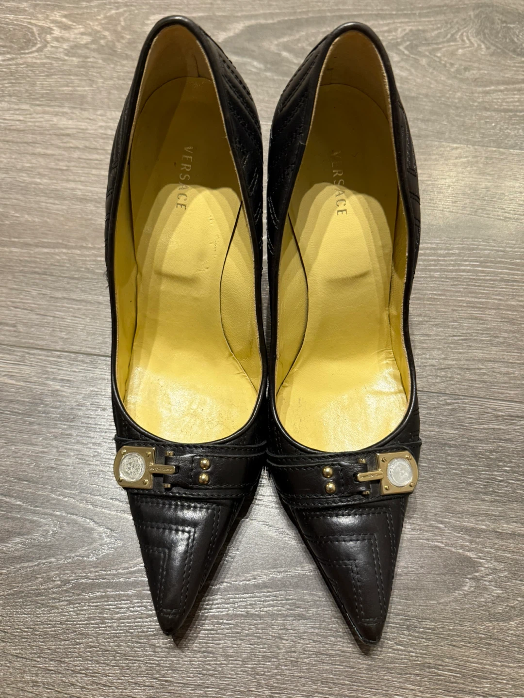 Versace Black Leather Heels - Size 38.5 made in Italy
