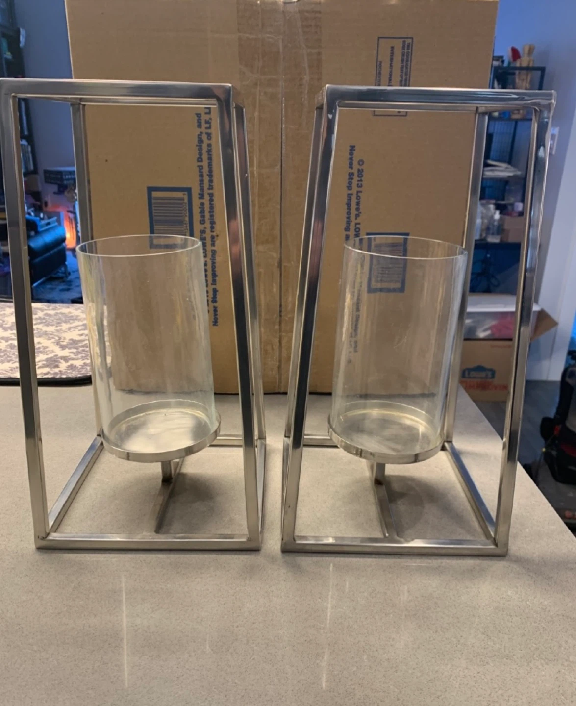 Set of 2 Silver Metal Lantern Candle Holders
