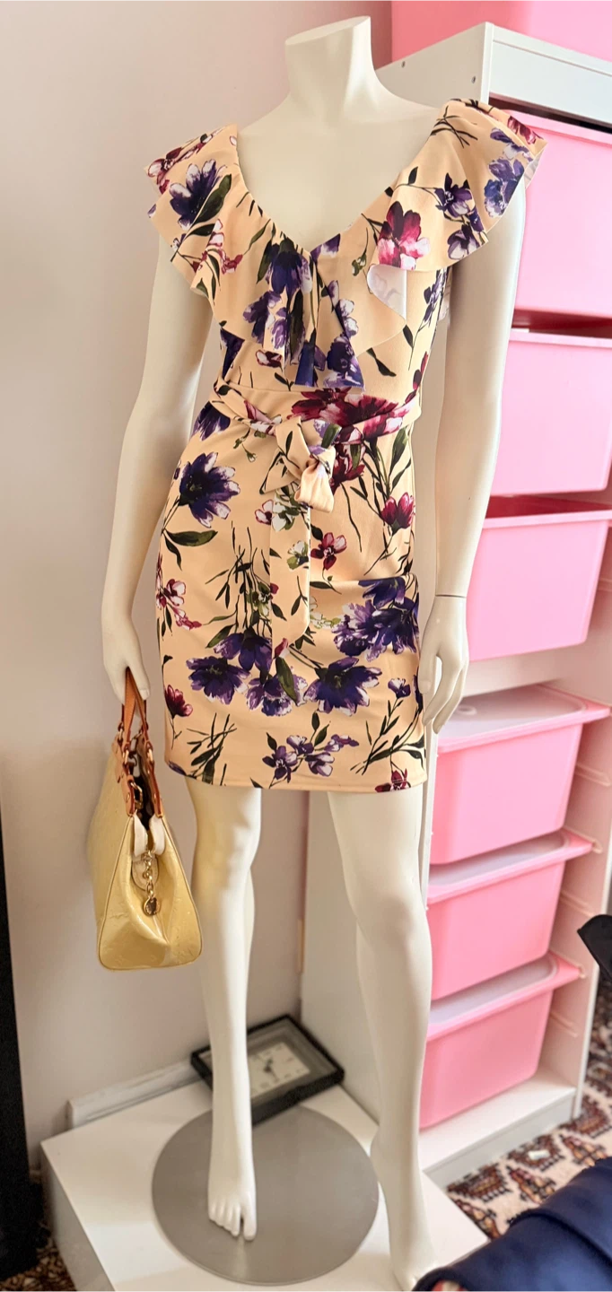 Peach floral print mini dress with ruffle sleeves - photo 2