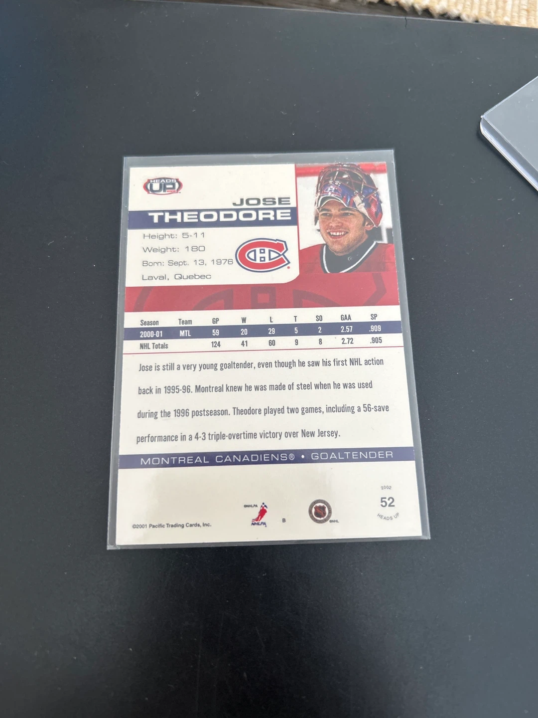 2001-02 Jose Theodore Montreal Canadiens Goaltender Card #22/27 - photo 2