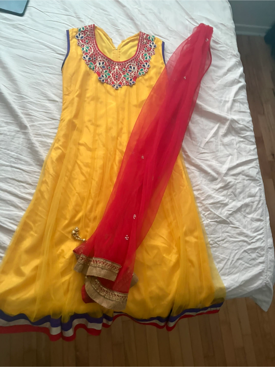 Yellow Anarkali Dress with Red Dupatta