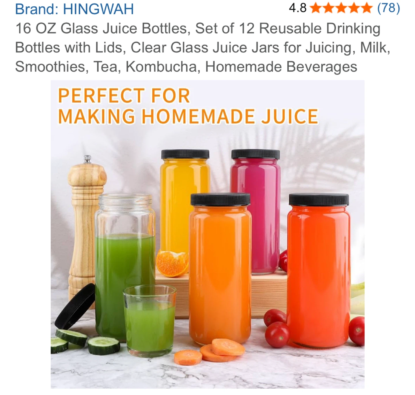 HINGWAH 16 oz Glass Juice Bottles, Set of 12 - photo 5