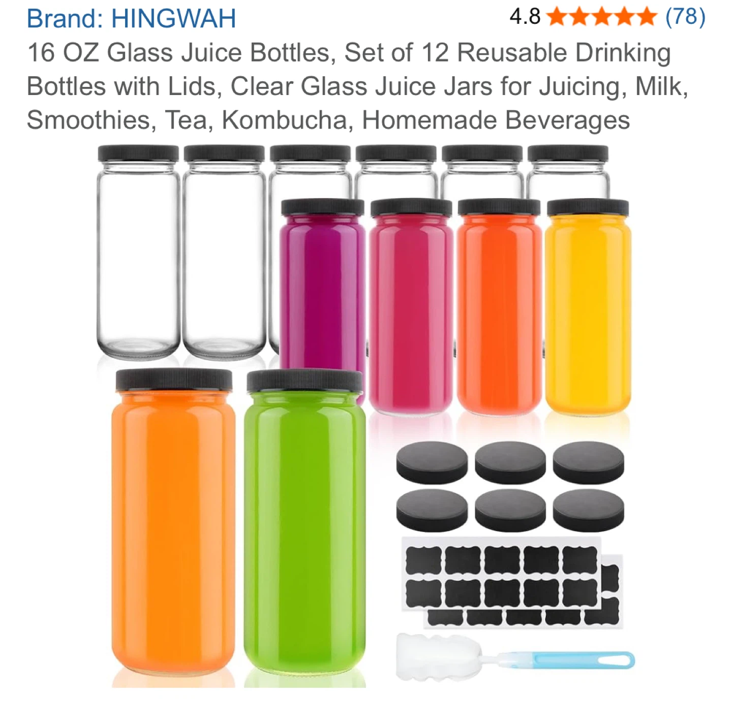 HINGWAH 16 oz Glass Juice Bottles, Set of 12