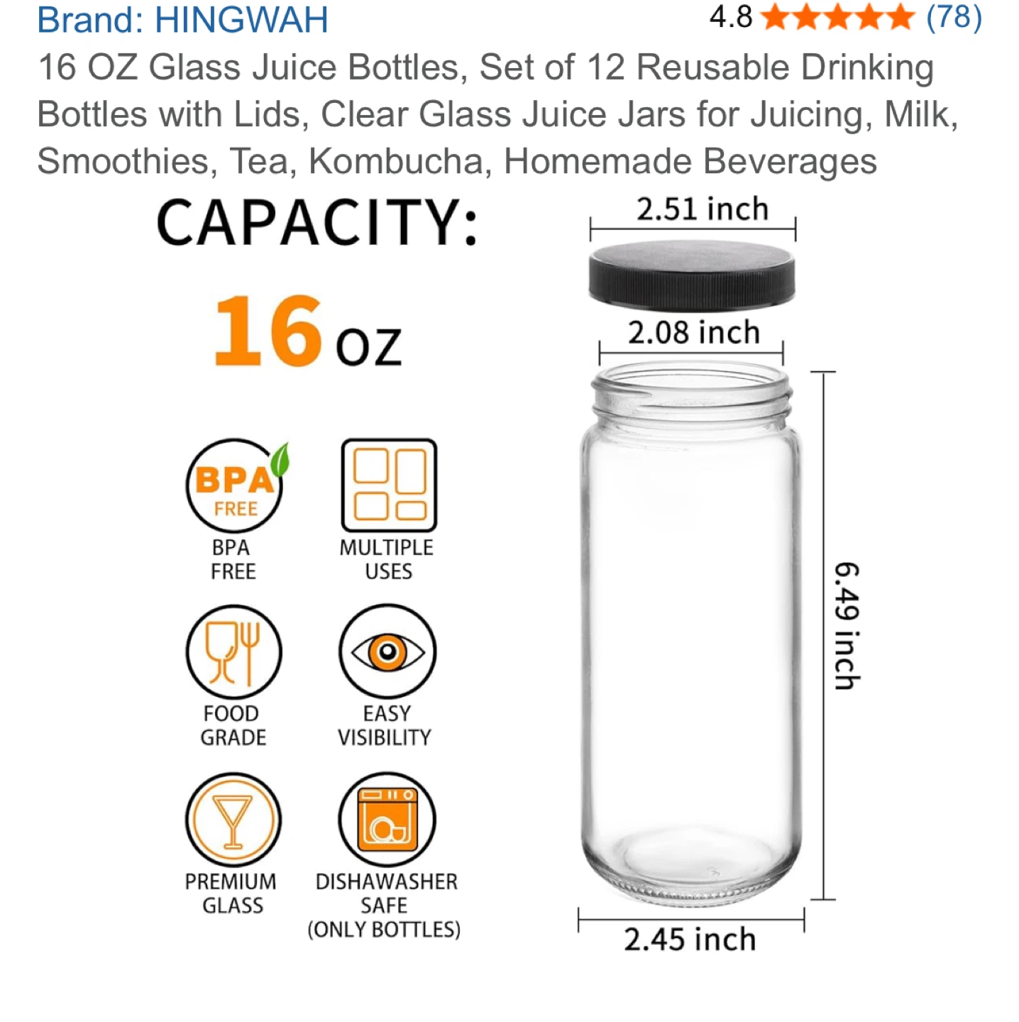 HINGWAH 16 oz Glass Juice Bottles, Set of 12 - photo 2