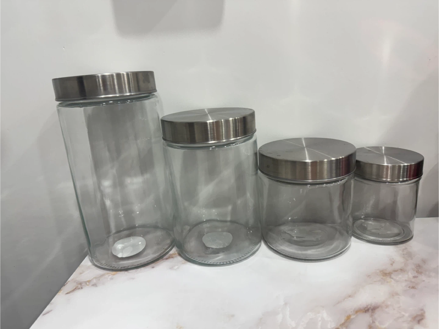 Set of 4 Glass Storage Jars with Stainless Steel Lids