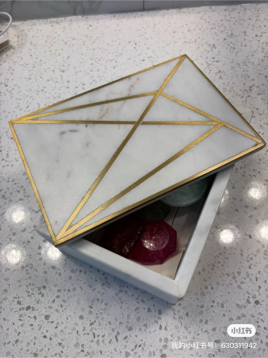 Marble Jewelry Box with Gold Geometric Inlay