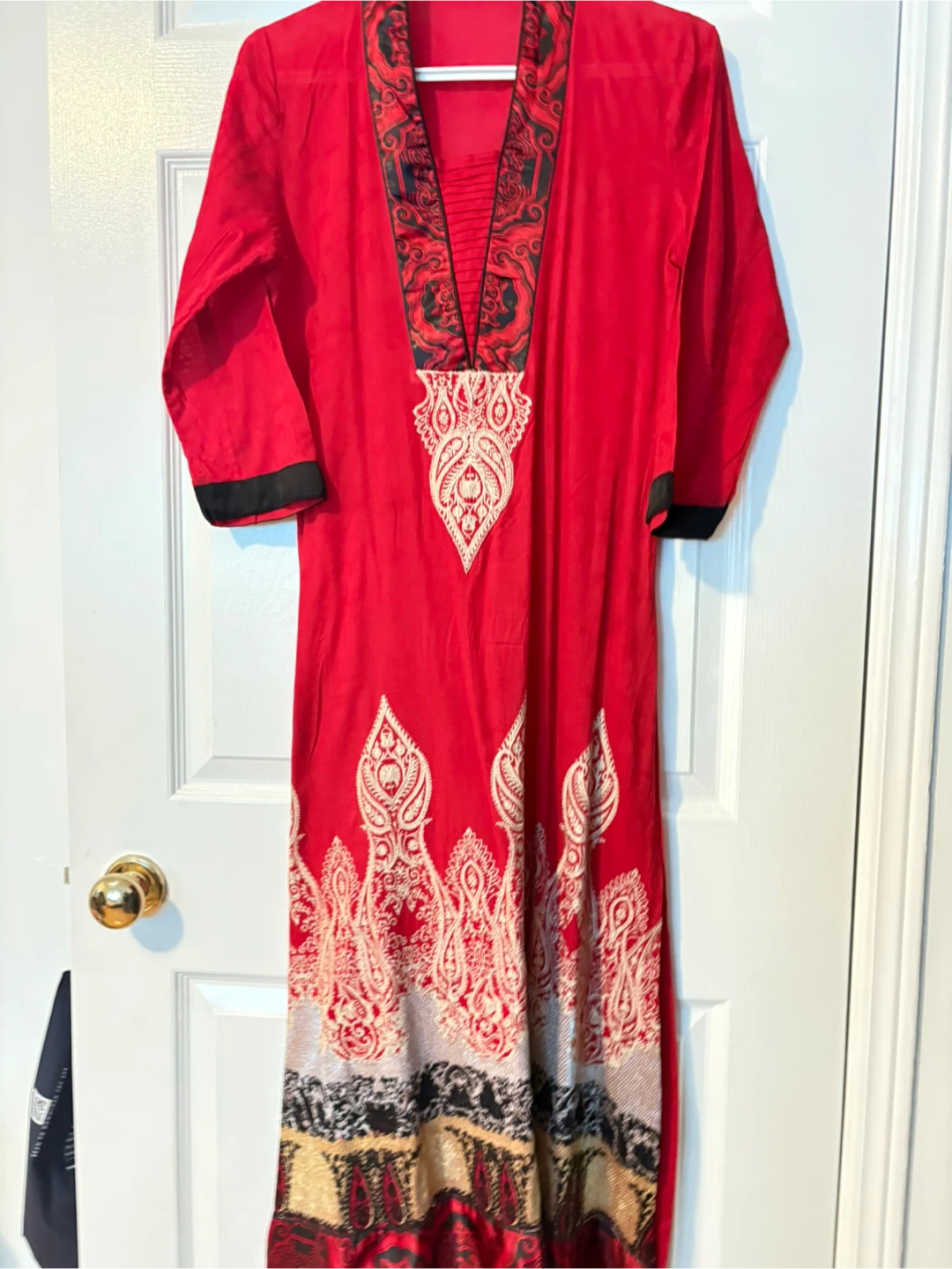Red Kurti with Embroidered Neckline and Hem