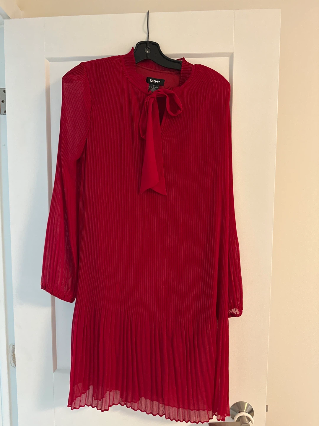 DKNY Red Pleated Chiffon Dress with Bow Tie