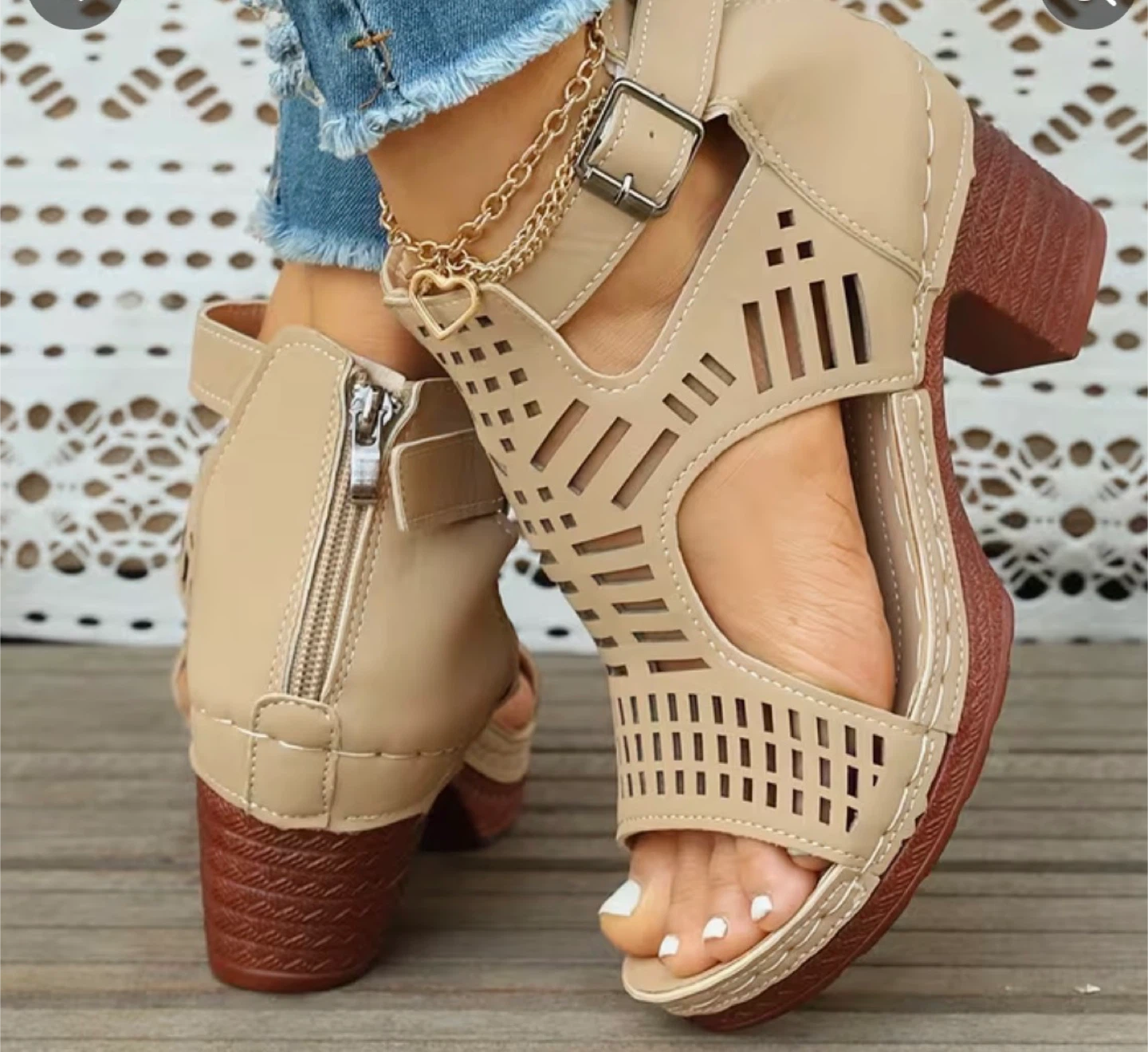 Women's Beige Cutout Chunky Heel Sandals with Zipper - photo 3