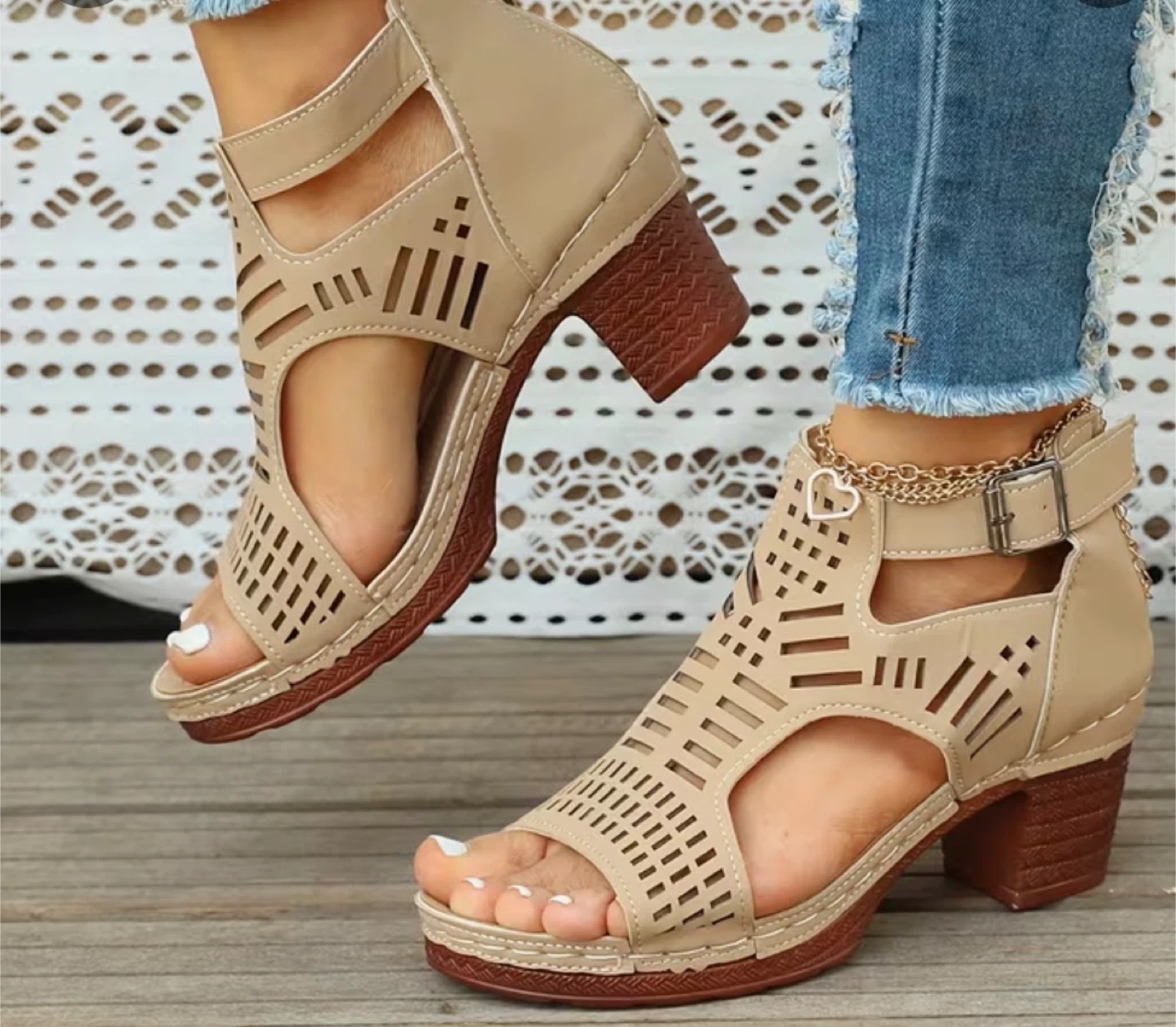 Women's Beige Cutout Chunky Heel Sandals with Zipper