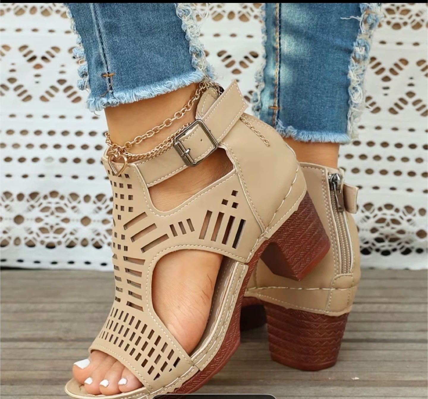 Women's Beige Cutout Chunky Heel Sandals with Zipper - photo 2