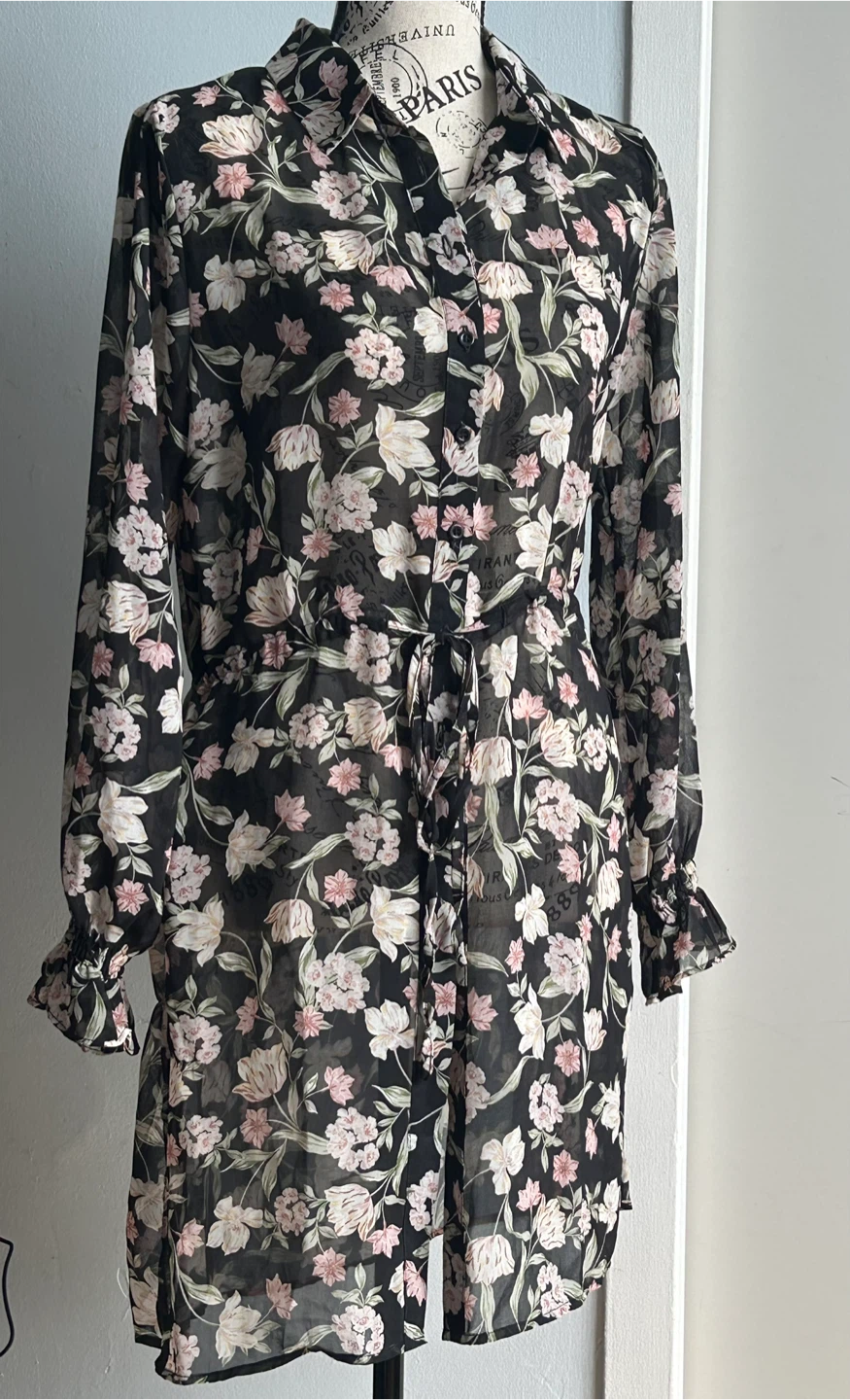 Brand new Sheer Floral Button-Up Dress with Tie Waist