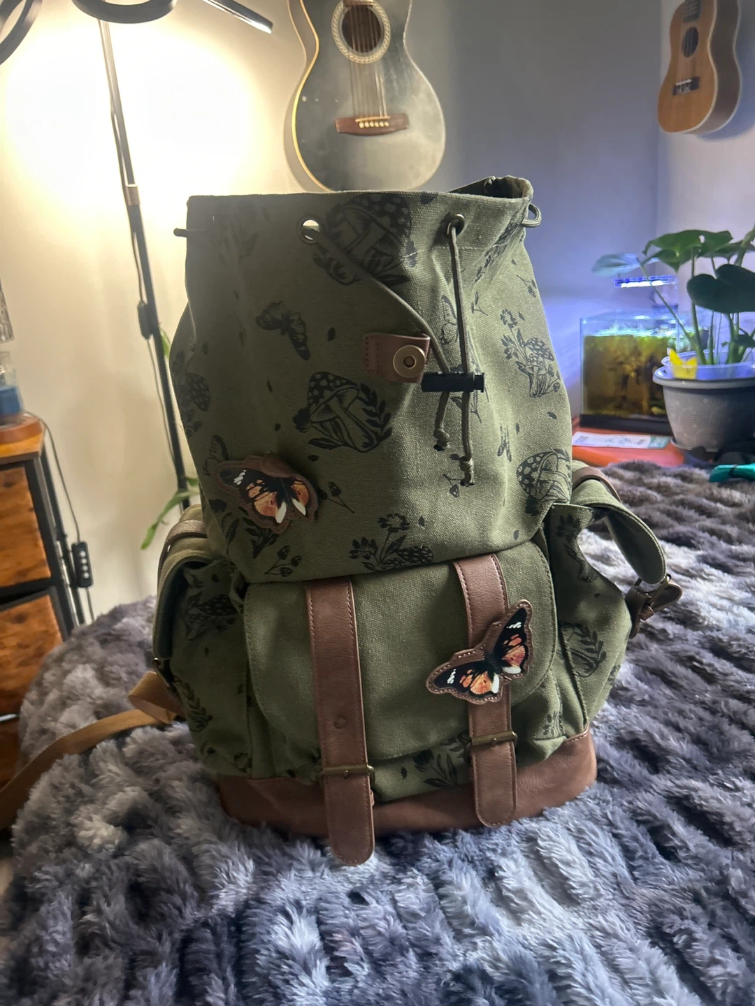 Green Canvas Backpack with Butterfly and Mushroom Print - photo 4