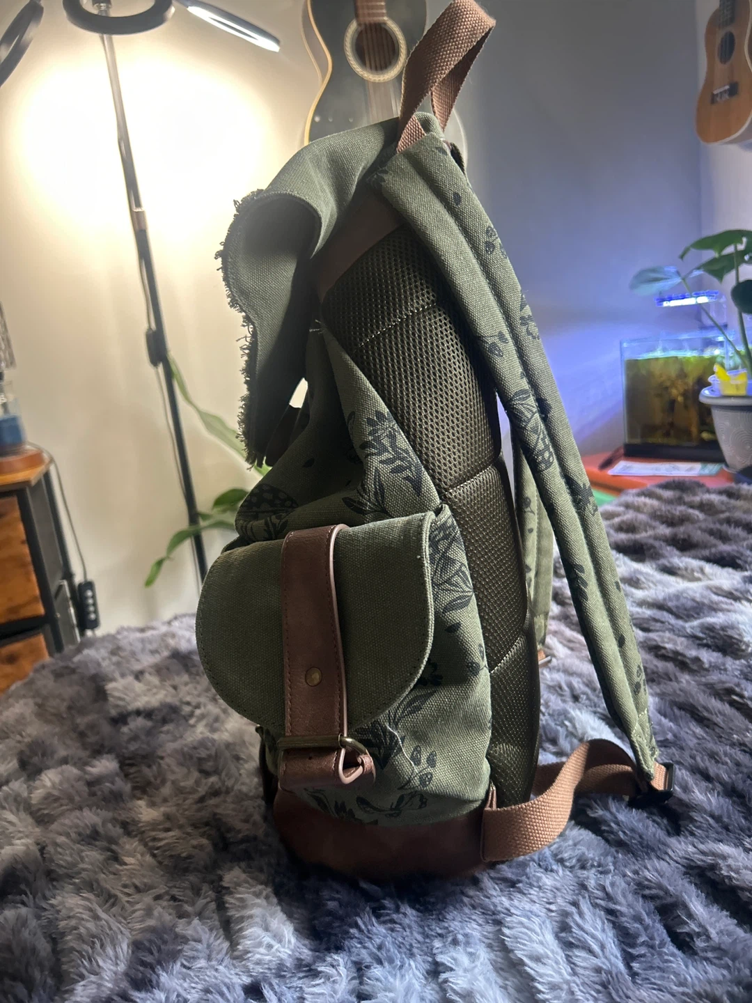 Green Canvas Backpack with Butterfly and Mushroom Print - photo 5