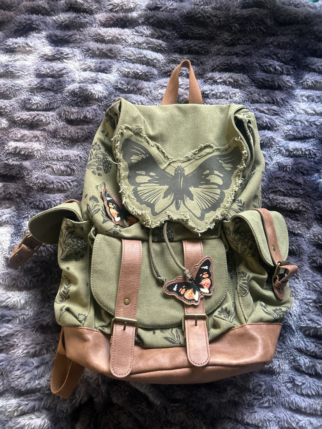 Green Canvas Backpack with Butterfly and Mushroom Print