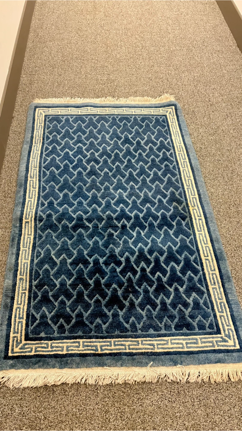 Blue Geometric Pattern Rug with Fringe