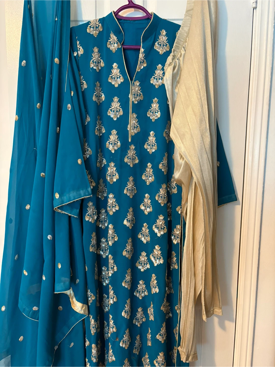Teal Embroidered Kurti with Dupatta and Pants