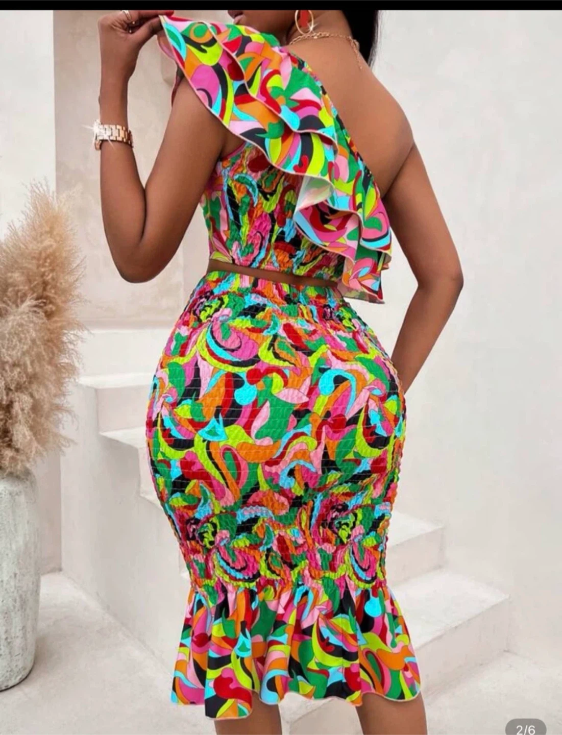 Women's One-Shoulder Ruffle Crop Top & Ruched Midi Skirt Set - photo 2