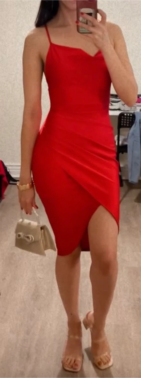 Red Ruched Bodycon Midi Dress