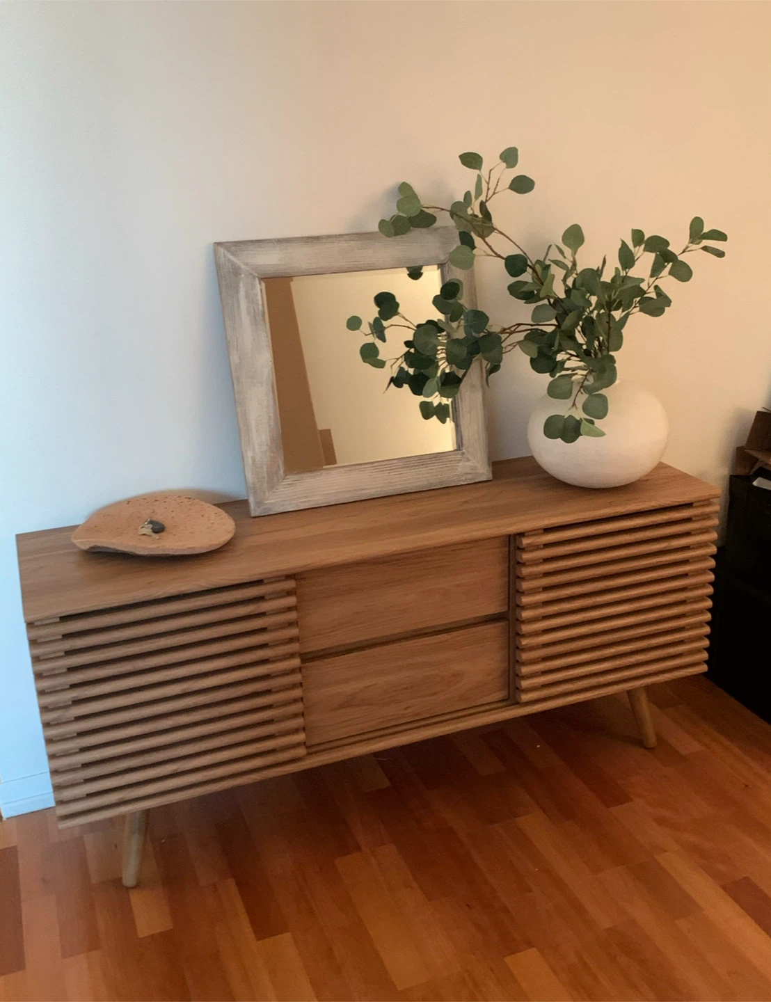 Oak Media Console with Slatted Doors and Drawers