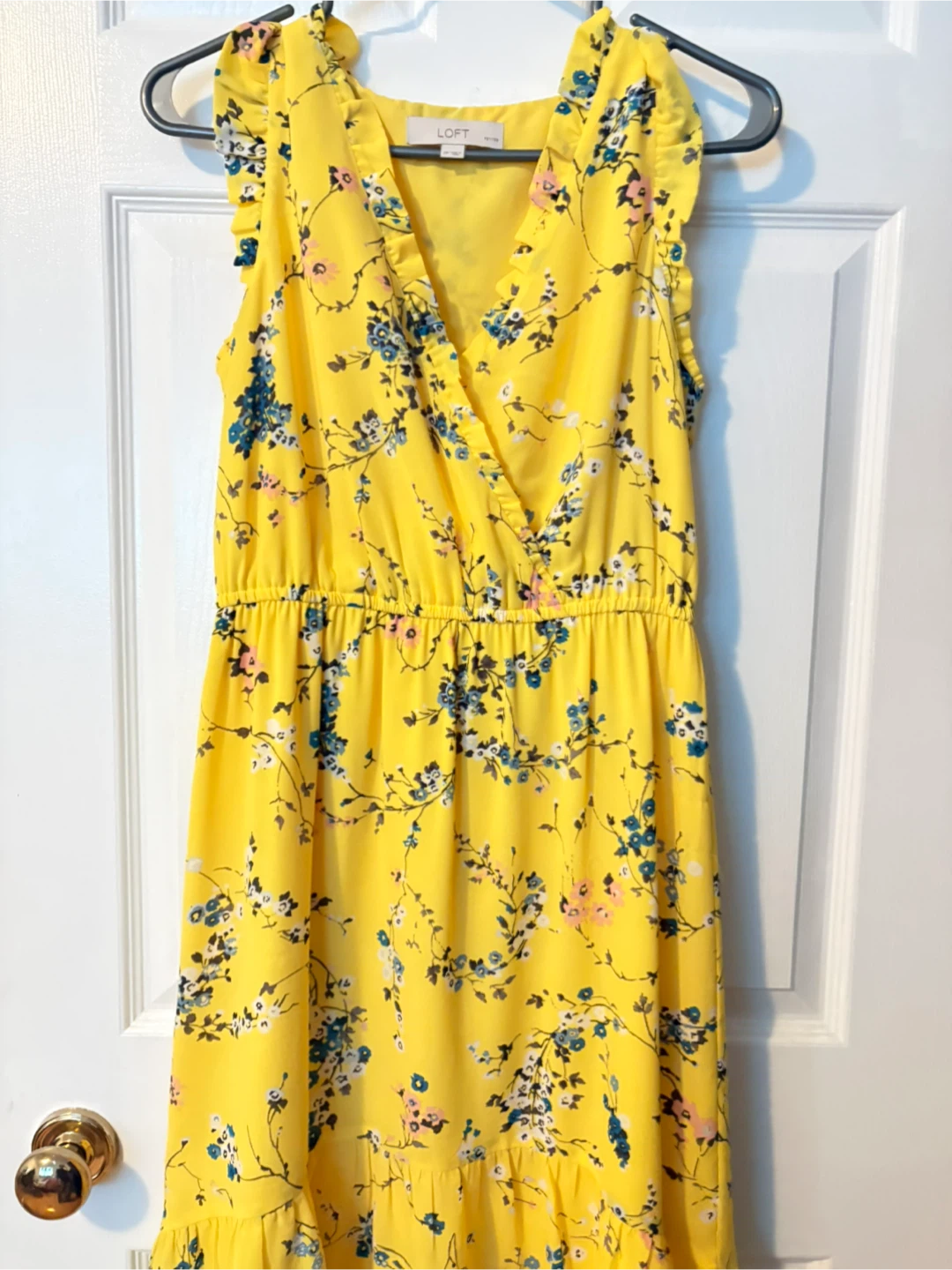 LOFT Petite Yellow Floral Sleeveless V-Neck Midi Dress