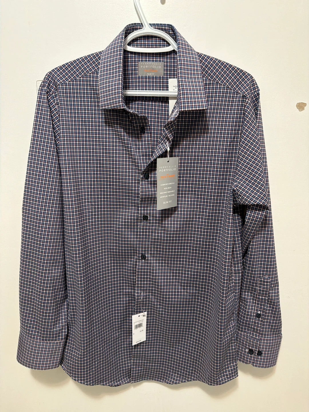 Perry Ellis Portfolio Tech Shirt Slim Fit Plaid Dress Shirt