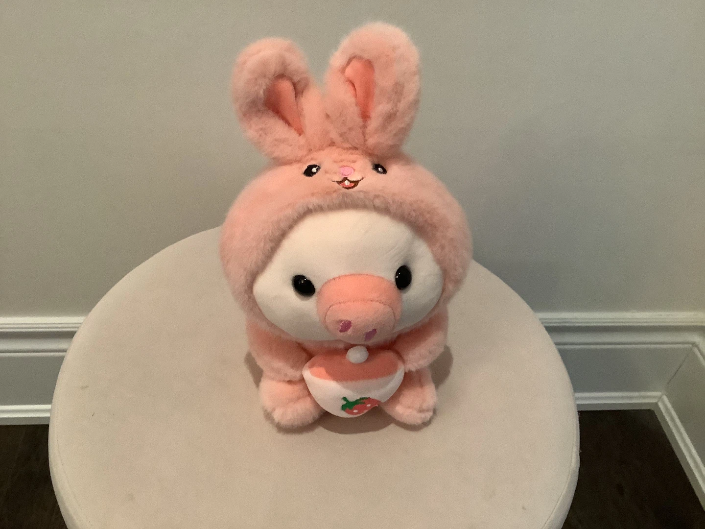 Pink Pig Plush Toy in Bunny Costume with Strawberry Cup