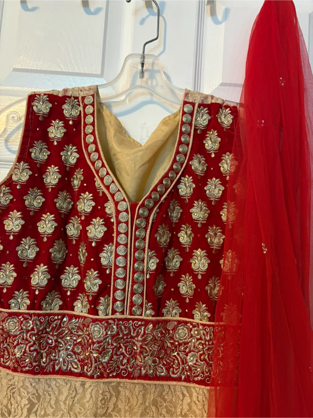 Red and Gold Embroidered Indian Dress with Scarf - photo 2