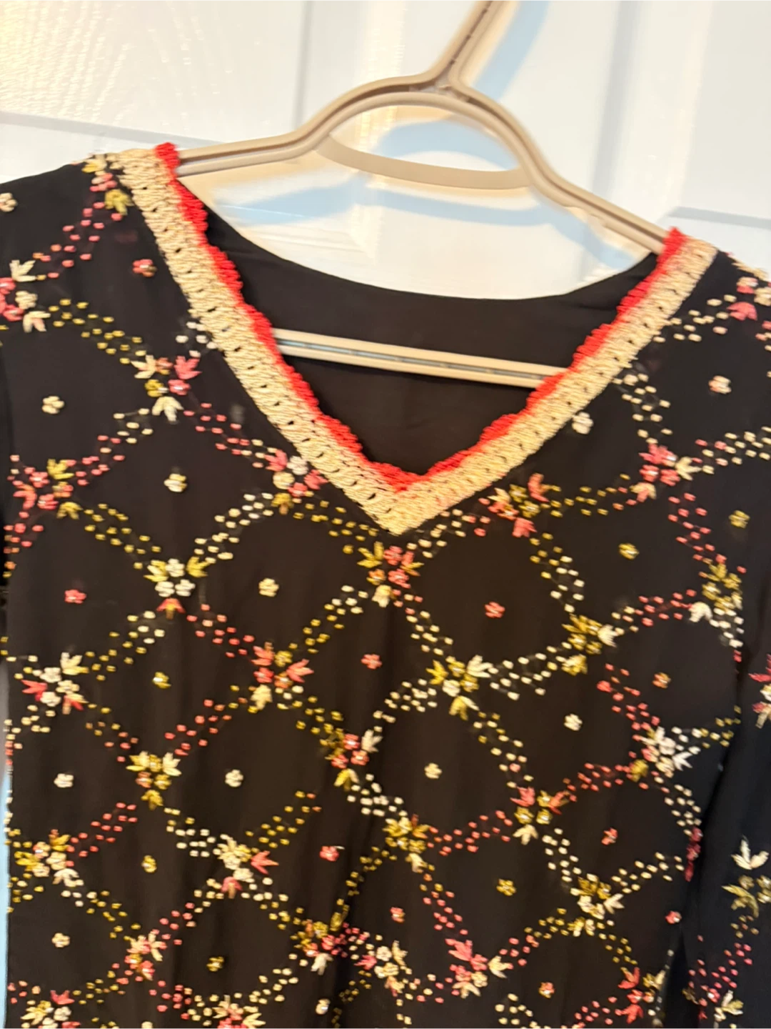 Black Embroidered Kurti Top with Red and Gold Accents - photo 3
